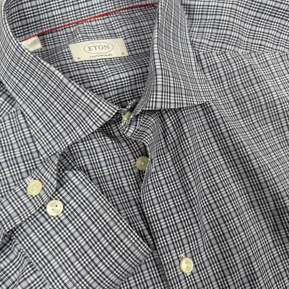 Eton Dress Shirt Mens 16 41 Blue White Check Contemporary Fit Long Sleeve Preppy